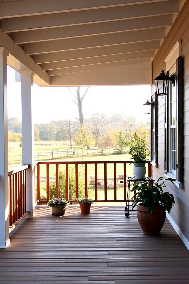 Wide Farmhouse Front Porch with Railings - 24 Farmhouse Porch Ideas