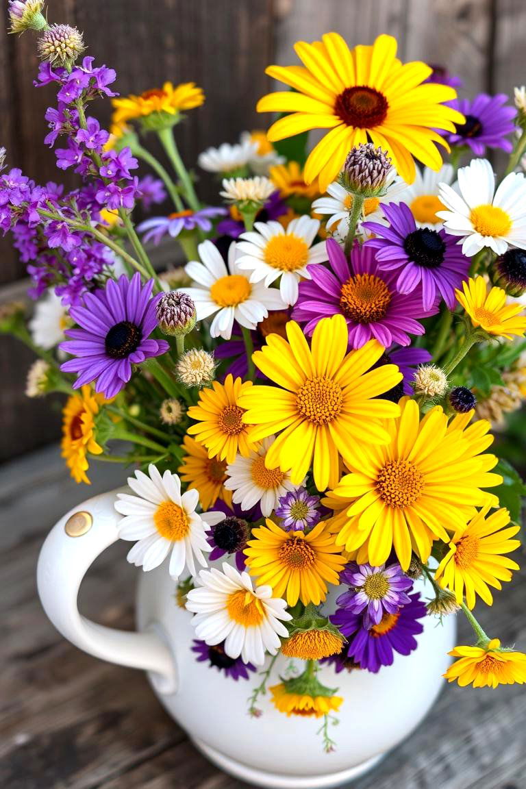 Wildflower Bouquets in Vintage Pitchers - 24 Rustic Wedding Centerpieces