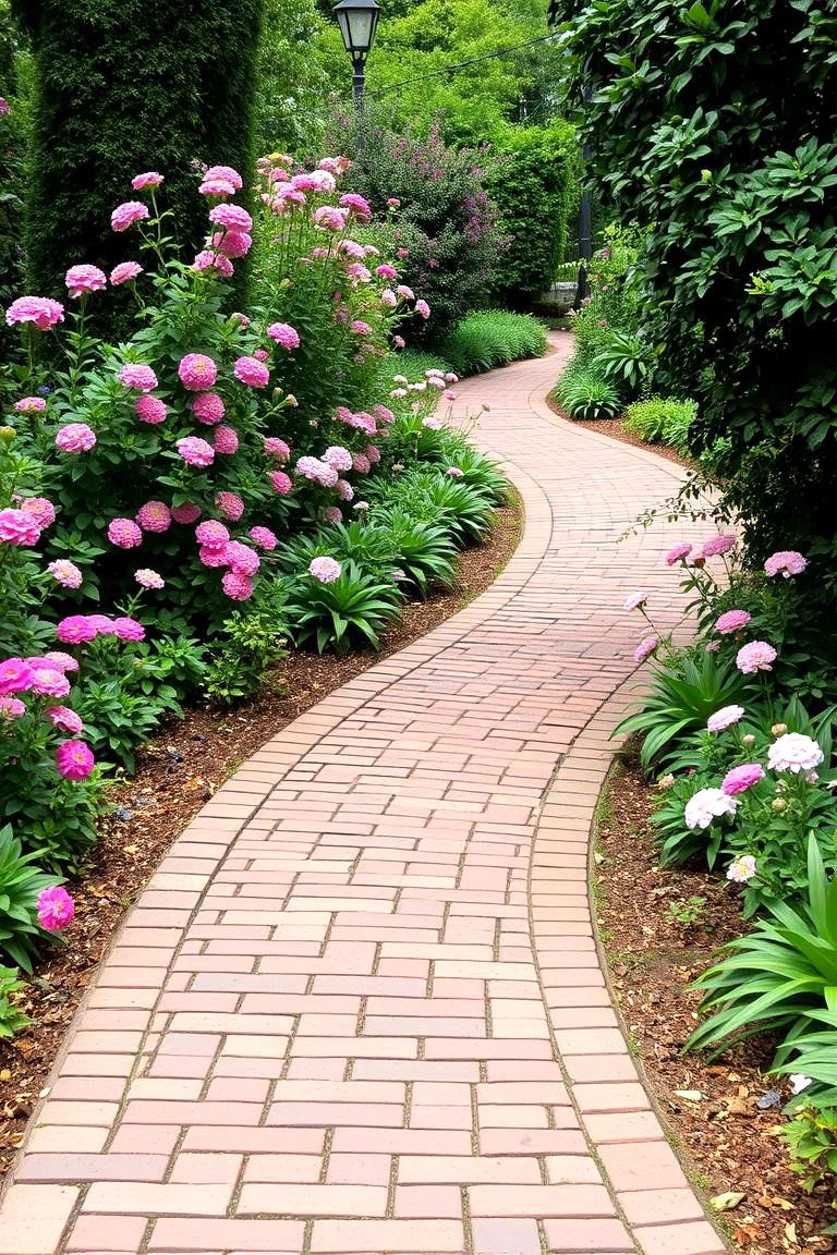 Winding Brick Pathway with Lush Foliage - 24 Curved Walkway Ideas