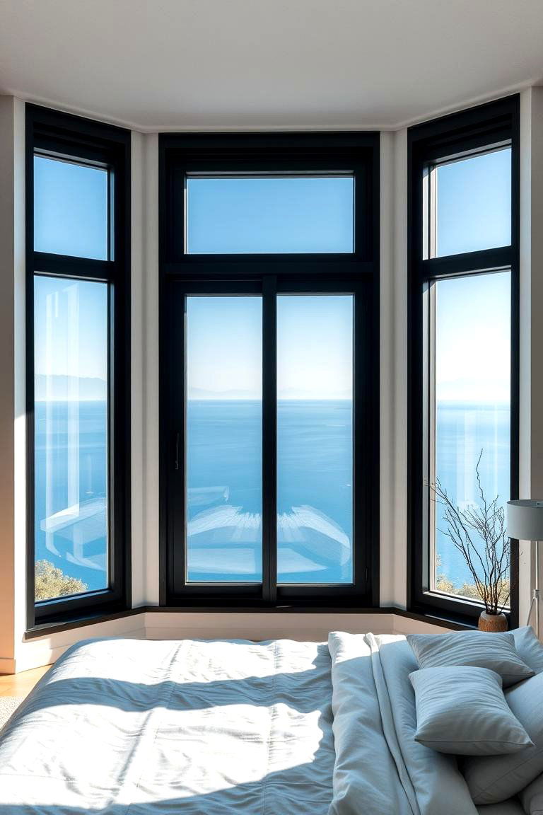 Windows Framed in Black with Blue Panorama Views - 24 Black and Blue Bedroom Ideas