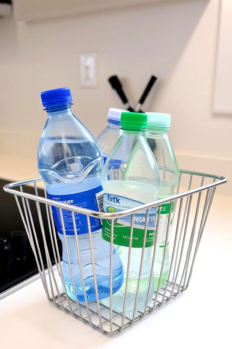 Wire Basket on Countertop for Quick Access - 24 Water Bottle Storage Ideas
