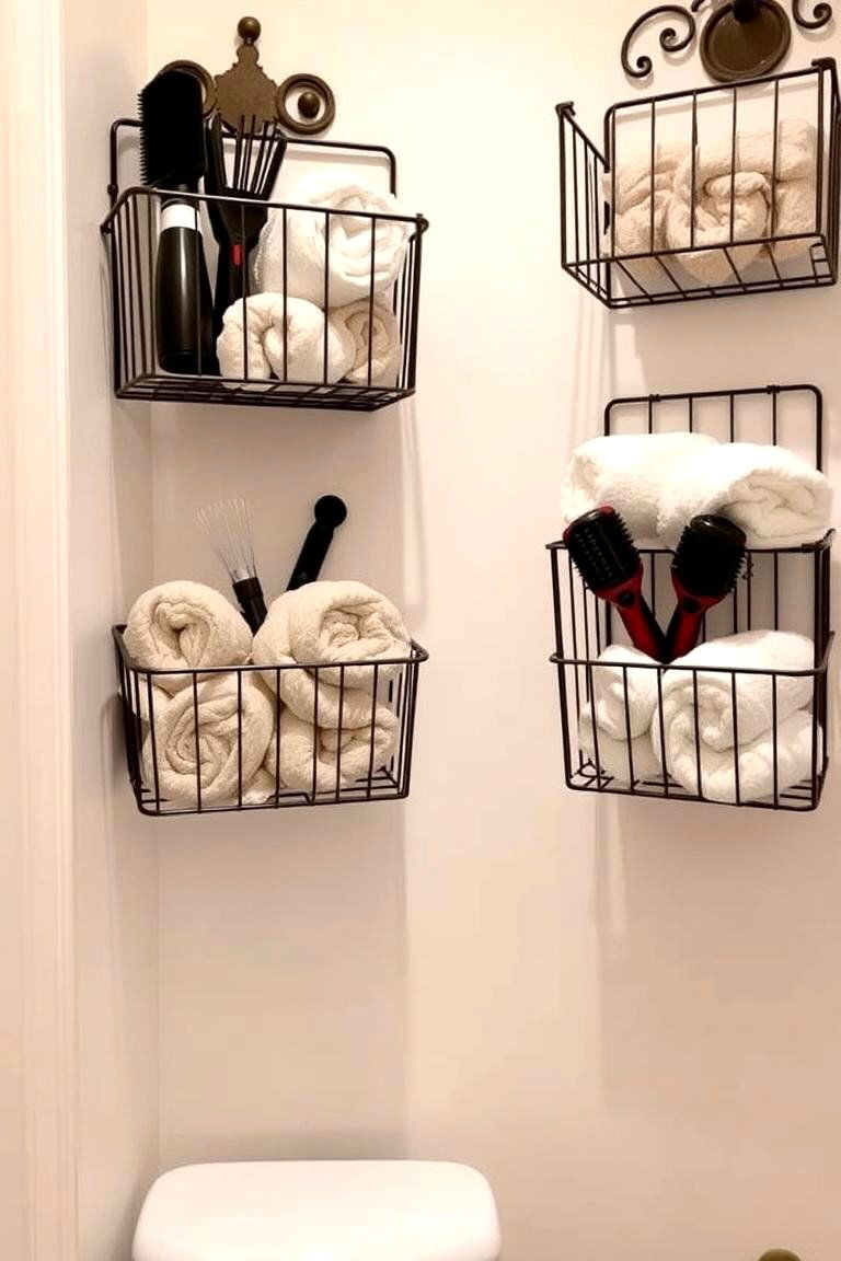 Wire Baskets Mounted on Walls - 24 Small Bathroom Shelving Ideas