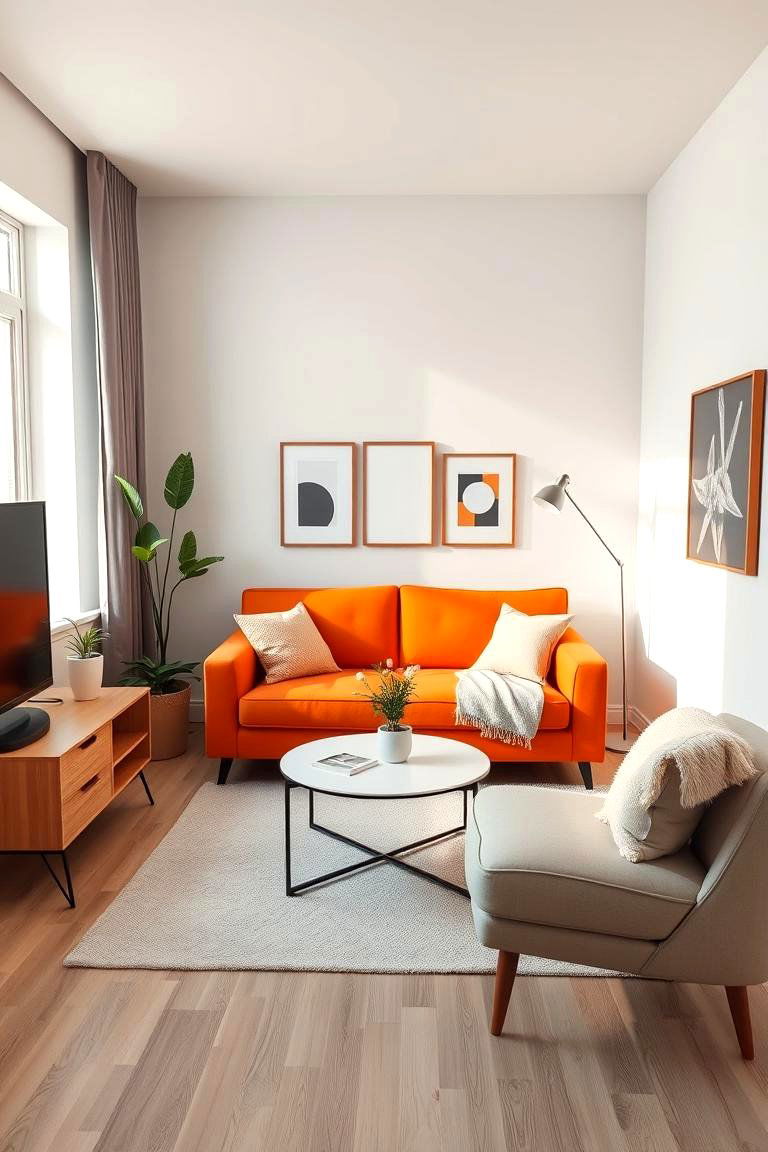 With careful planning an orange couch can even work in a small apartment - 24 Orange Couch Living Room Ideas
