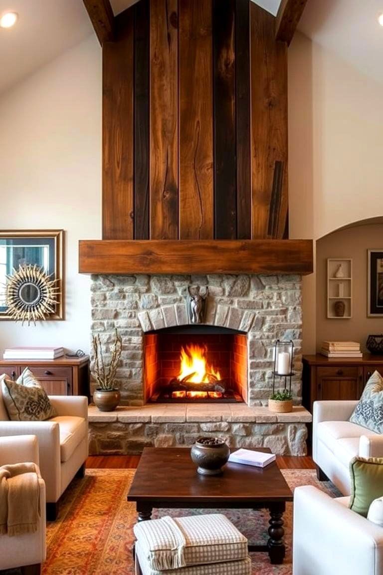 Wood Beam Mantle Fireplace - 24 Farmhouse Fireplace Ideas