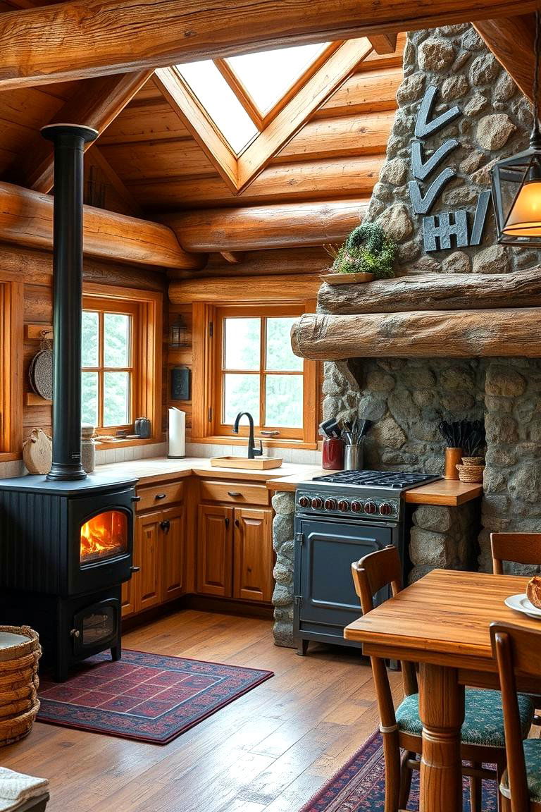 Wood Burning Stove for Cozy Meals - 24 Mountain House Kitchen Ideas