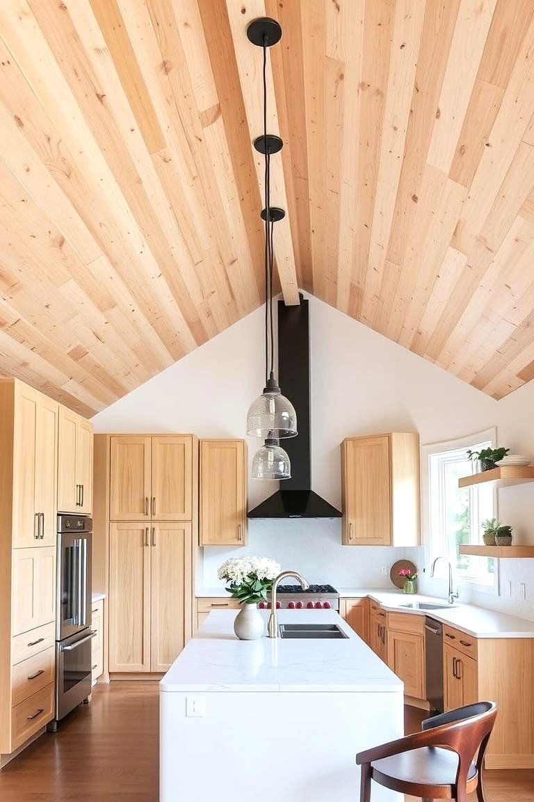 Wood Ceiling with Pendant Lights - 24 Wood Ceiling Kitchen Ideas