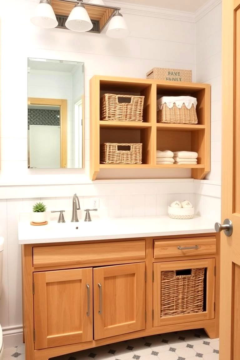 Wood Vanity with Woven Basket Storage - 24 Wood Bathroom Vanity Ideas