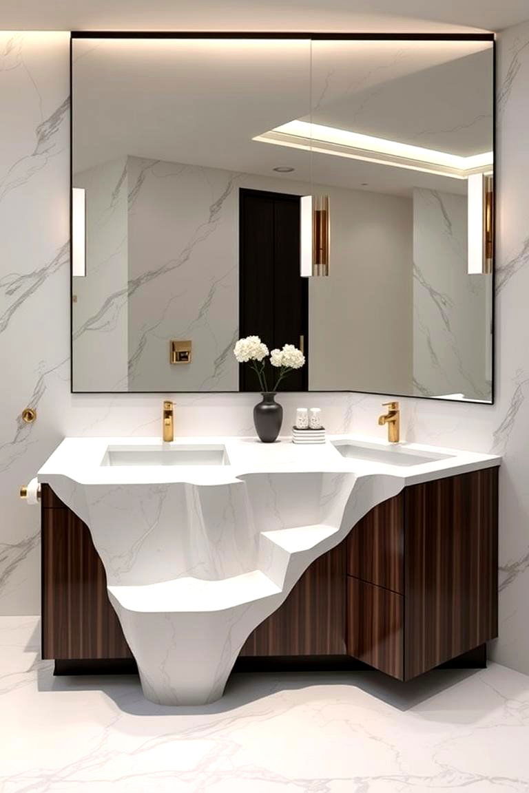 Wood Vanity with a Waterfall Countertop - 24 Wood Bathroom Vanity Ideas