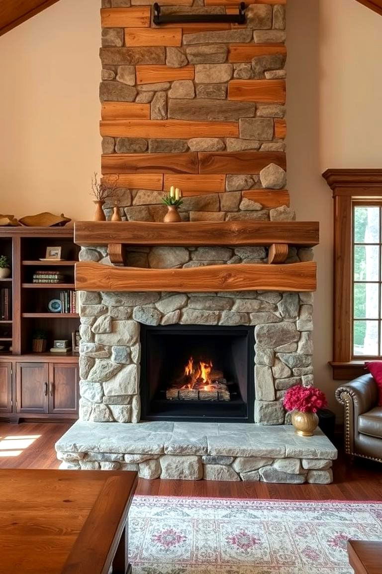 Wood and Stone Fusion Fireplace - 24 3 Sided Fireplace Ideas
