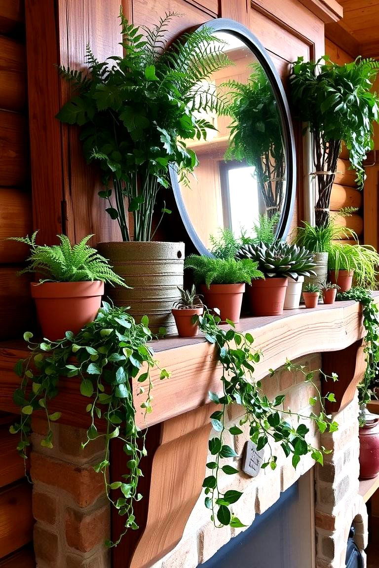 Wooden Accents with Greenery - 24 Spring Mantel Decor Ideas