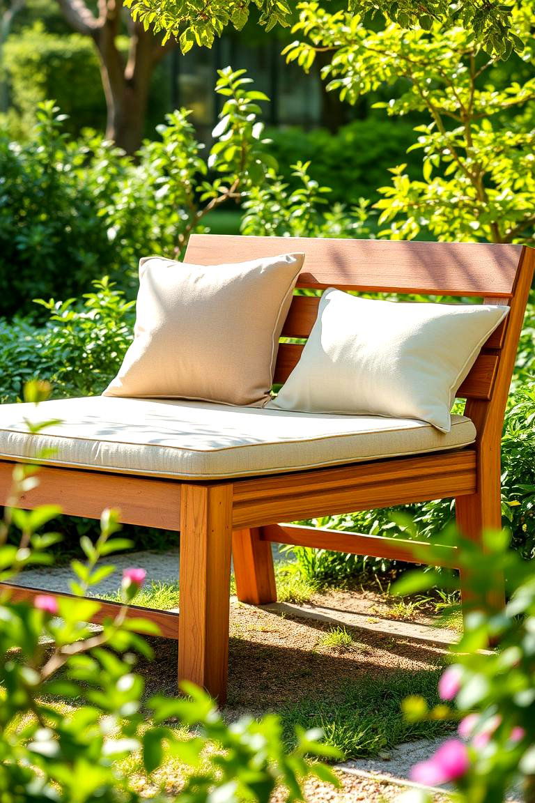Wooden Bench with Cushions - 24 Garden Bench Ideas