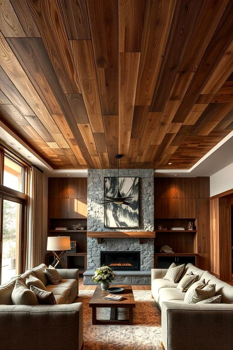 Wooden Panel False Ceiling Warmth - 24 Living Room False Ceiling Design Ideas