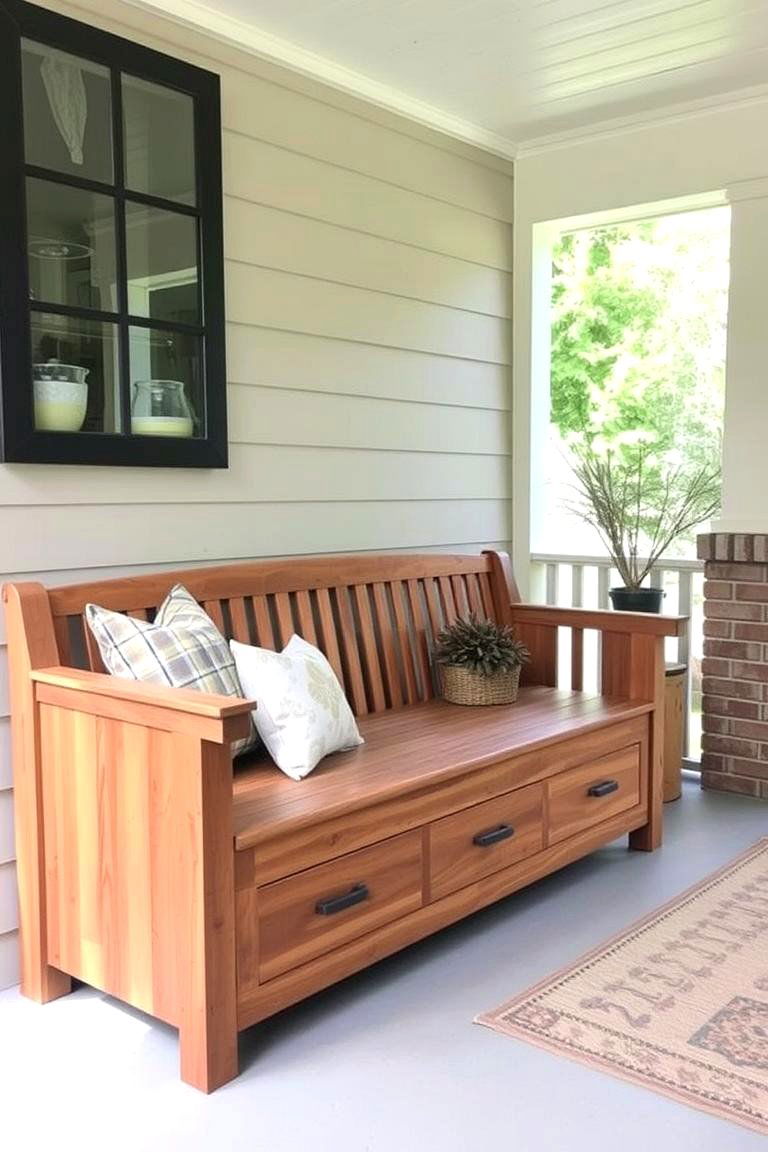 Wooden Porch Bench with Storage - 24 Farmhouse Porch Ideas