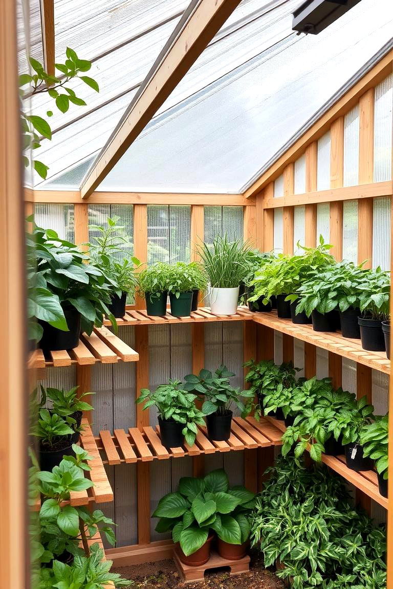 Wooden Slatted Shelves - 24 Greenhouse Shelving Ideas