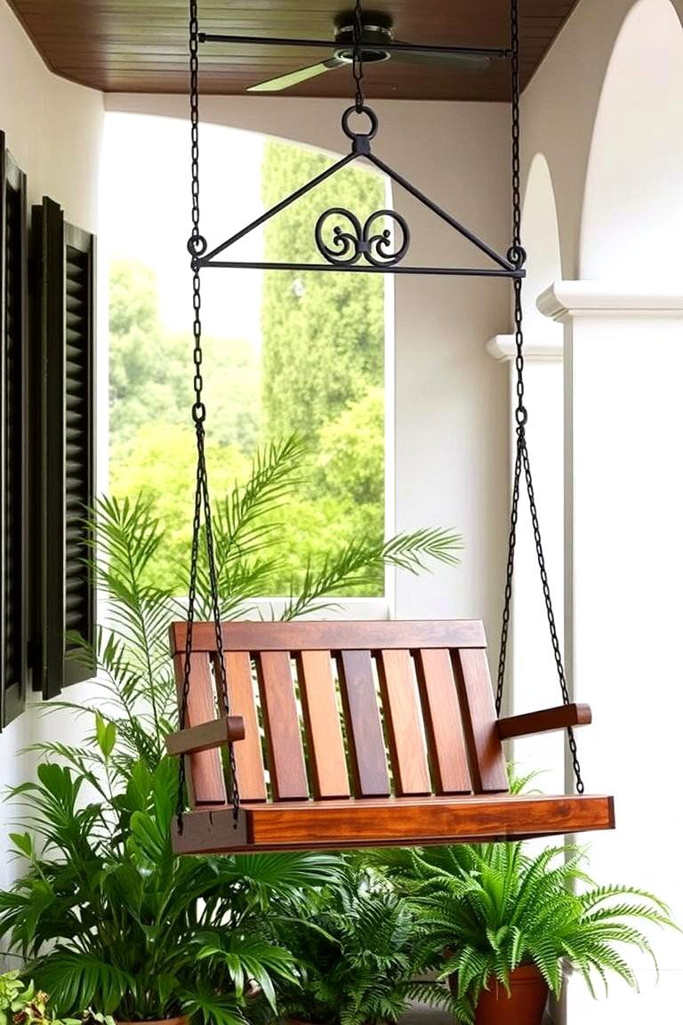 Wooden Swing with Metal Frame - 24 spanish style front porch ideas