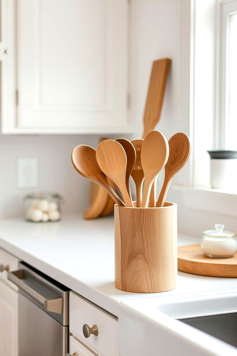 Wooden Utensil Holder on the Countertop - 24 Rustic White Kitchen Ideas