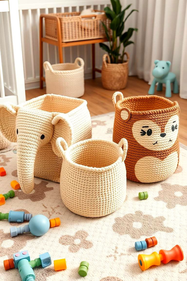Woven Animal Baskets for Toys - 24 Safari Nursery Decor Ideas