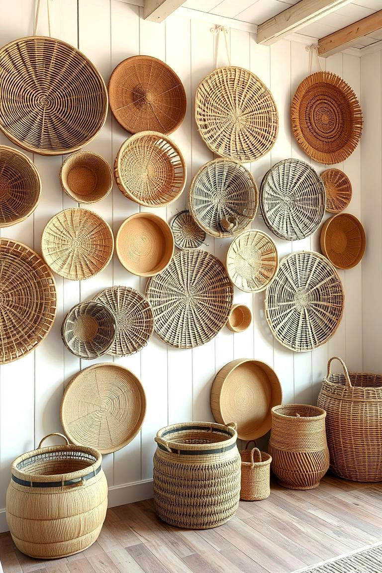Woven Basket Wall Display - 24 Farmhouse Wall Decor Ideas