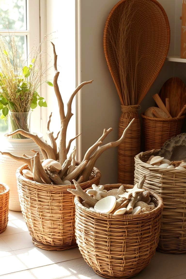 Woven Baskets and Natural Elements - 24 Coastal Decor Ideas