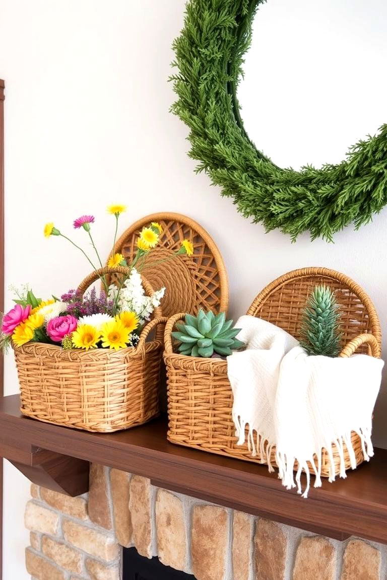 Woven Baskets for Storage and Style - 24 Spring Mantel Decor Ideas