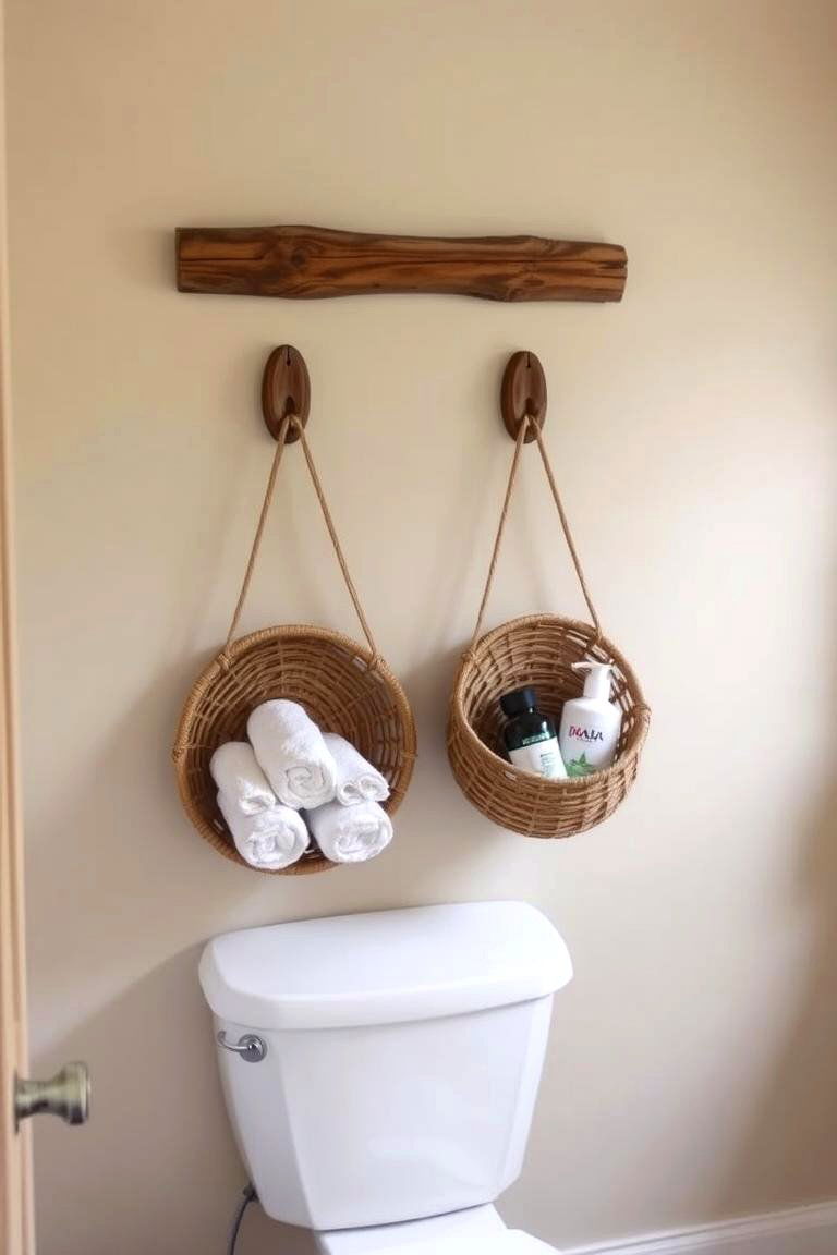 Woven Baskets on Wall Hooks - 24 Over Toilet Storage Ideas