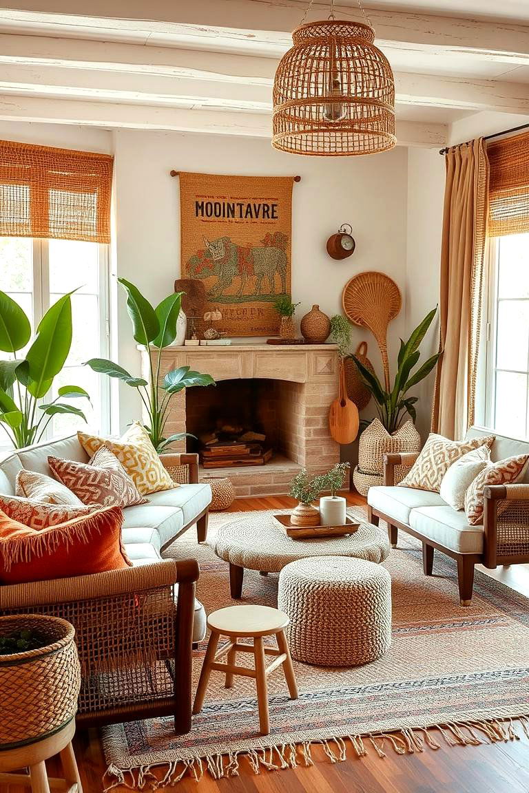 Woven Natural Textiles Decor - 24 Primitive Living Room Ideas