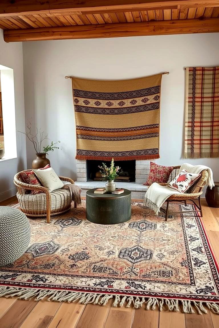 Woven Rugs and Textiles - 24 Minimalist Modern Boho Living Room Ideas