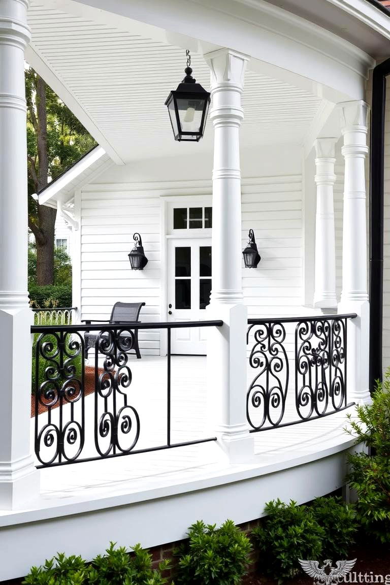 Wrought Iron Railings - 24 White Farmhouse With Wrap-around Porch Ideas