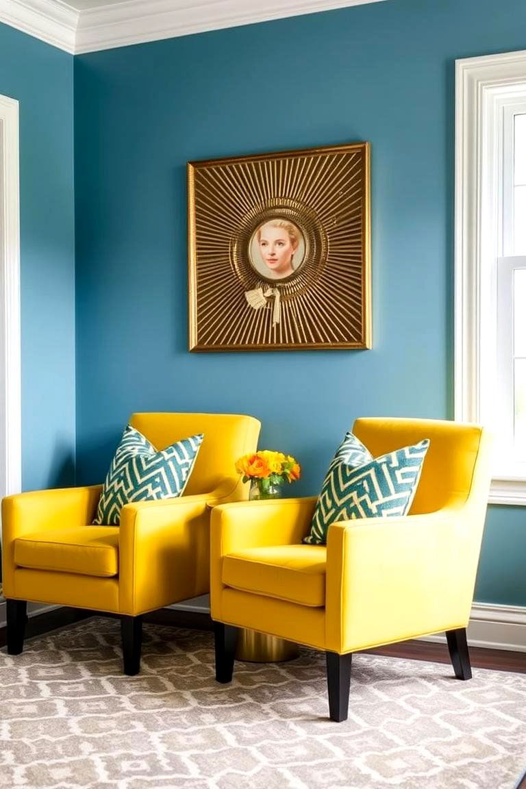 Yellow Armchairs Against a Blue Backdrop - 24 Yellow and Blue Living Room Ideas