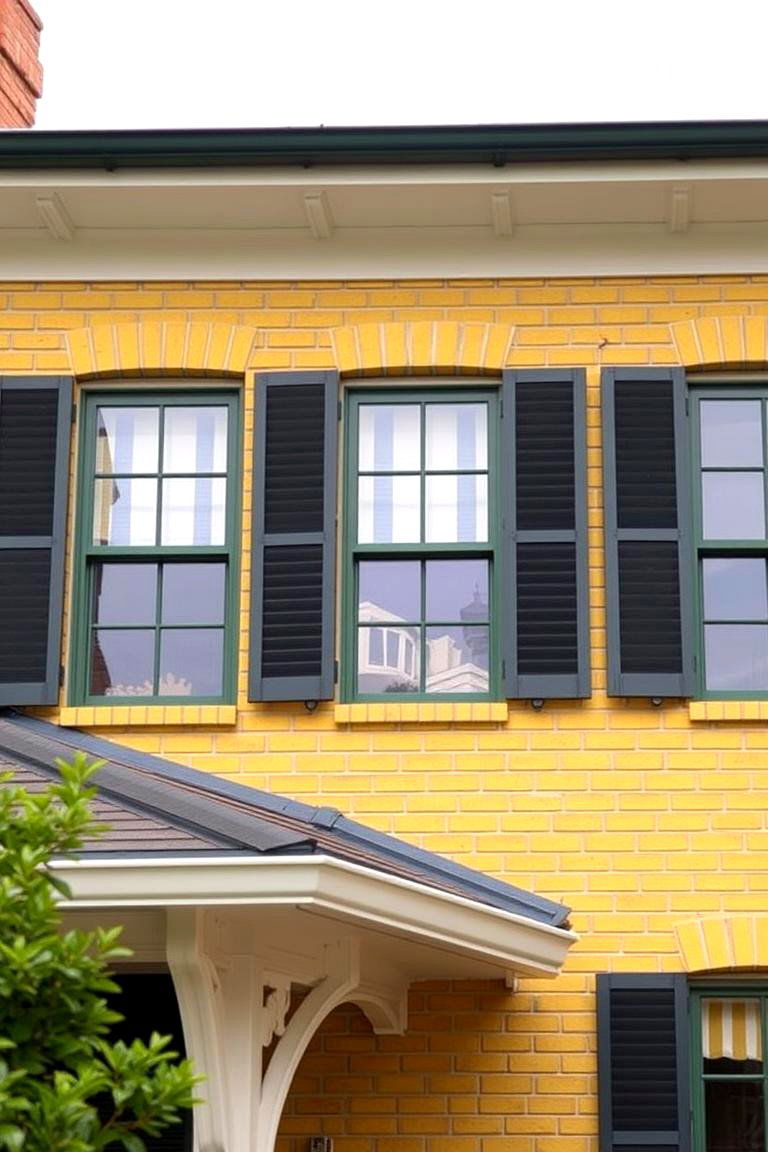 Yellow Brick with Dark Green Shutters - 24 Yellow Exterior Home Ideas