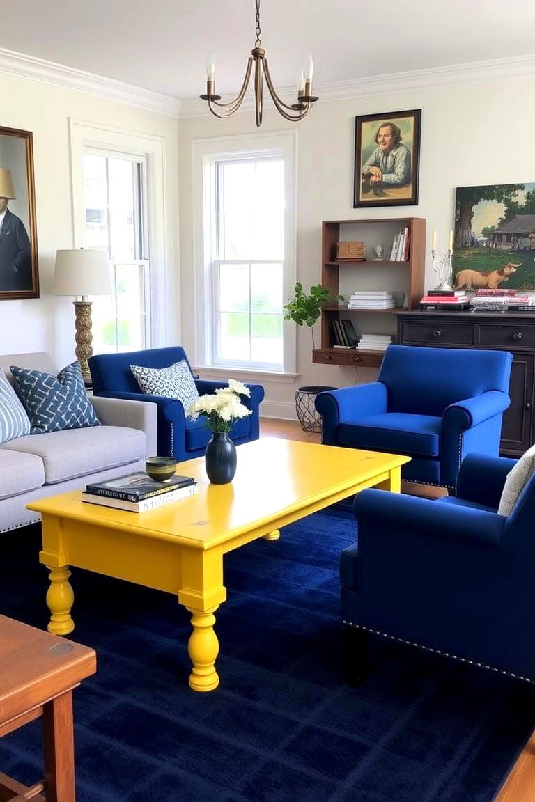 Yellow Coffee Table in a Blue Themed Room - 24 Yellow and Blue Living Room Ideas