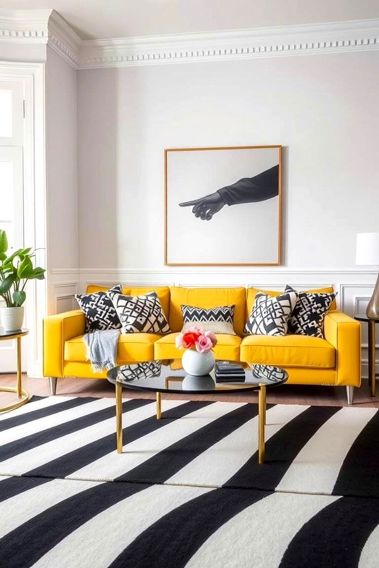 Yellow Couch with Black and White Decor - 24 Yellow Couch Living Room Ideas
