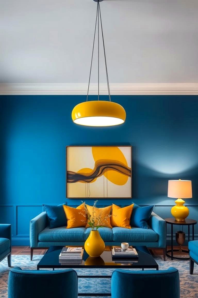 Yellow Lighting Fixtures in a Blue Room - 24 Yellow and Blue Living Room Ideas