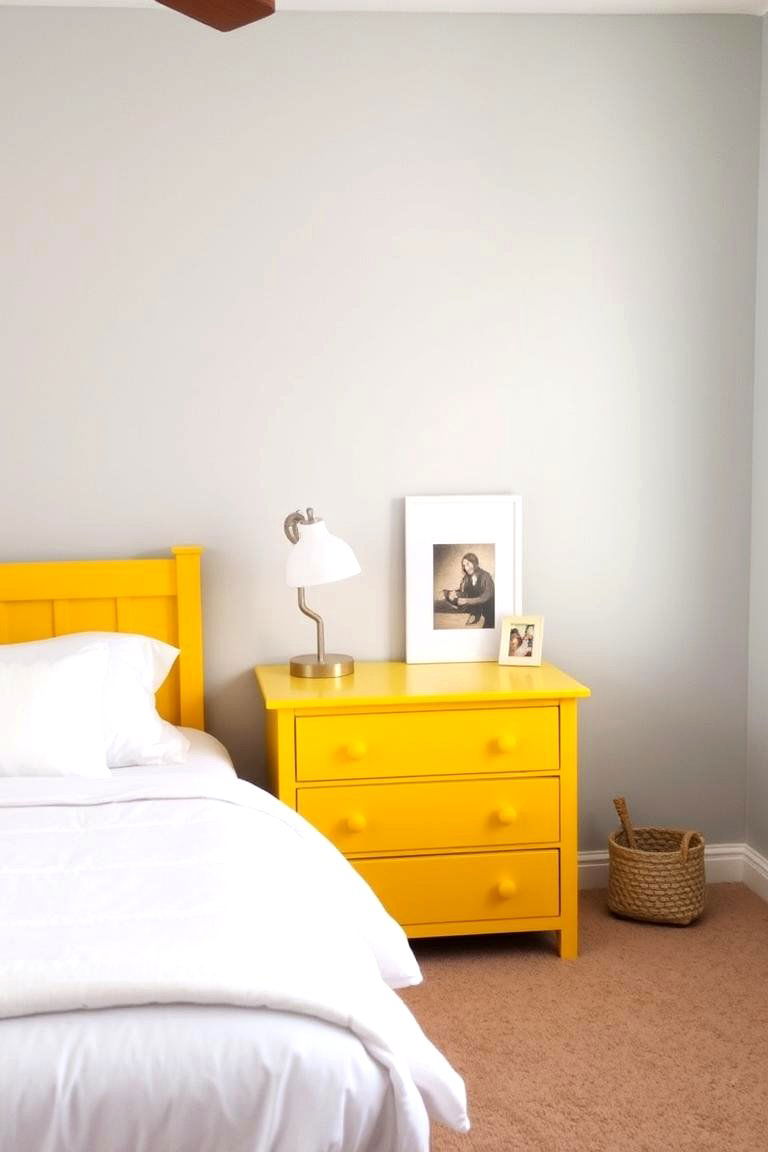 Yellow Nightstands Against Grey Walls - 24 Yellow and Grey Bedroom Ideas