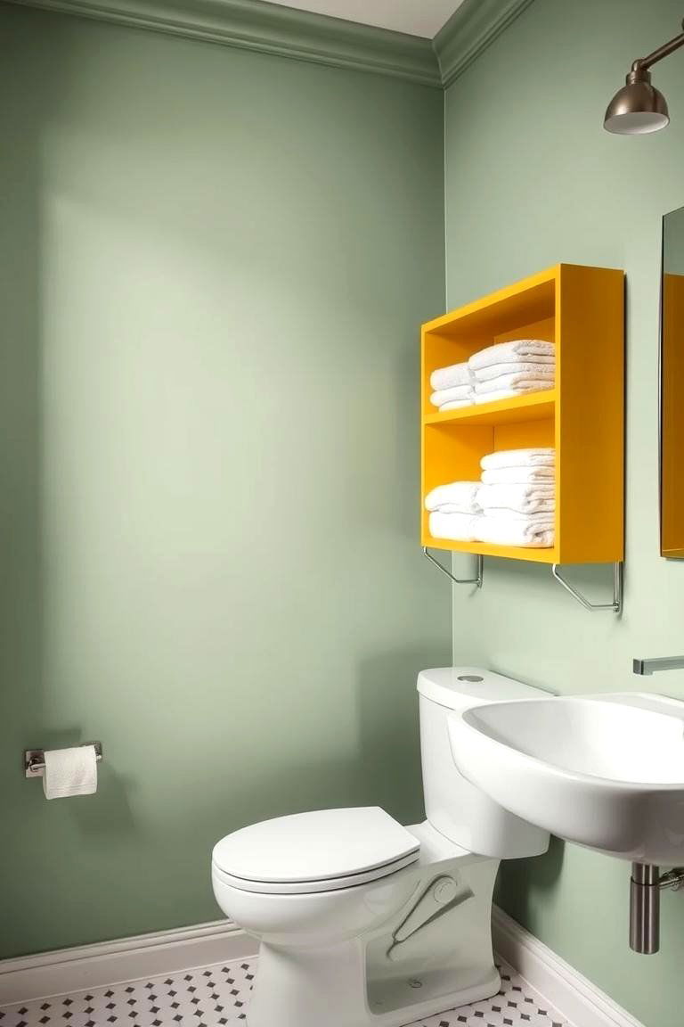 Yellow Shelving Against a Green Wall - 24 Yellow and Green Bathroom Ideas