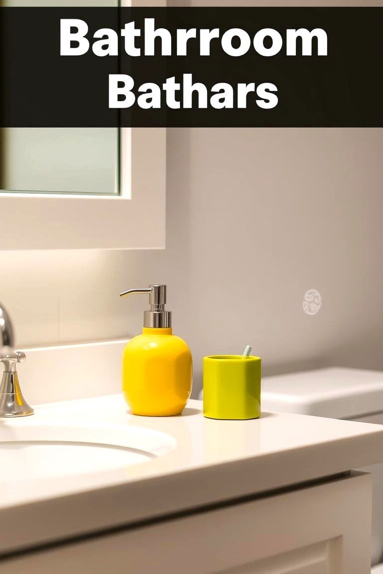 Yellow Soap Dispenser and Green Toothbrush Holder - 24 Yellow and Green Bathroom Ideas