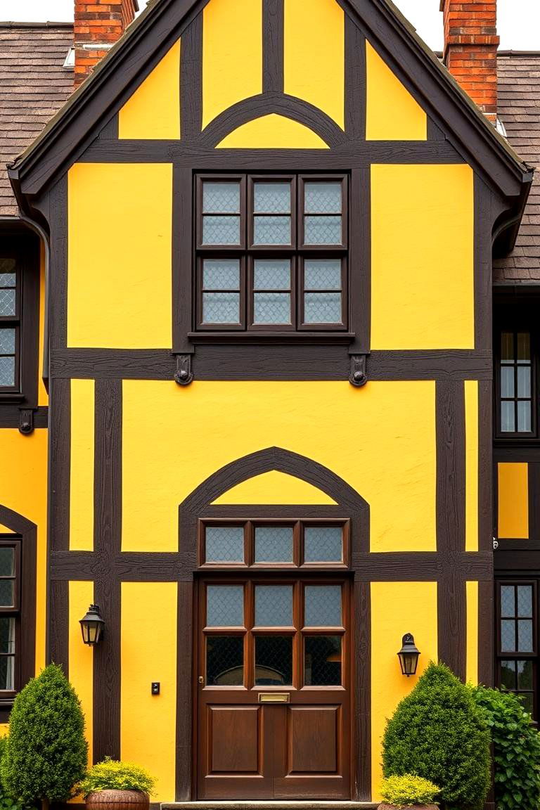 Yellow Tudor Style with Dark Wood Trim - 24 Yellow Exterior Home Ideas