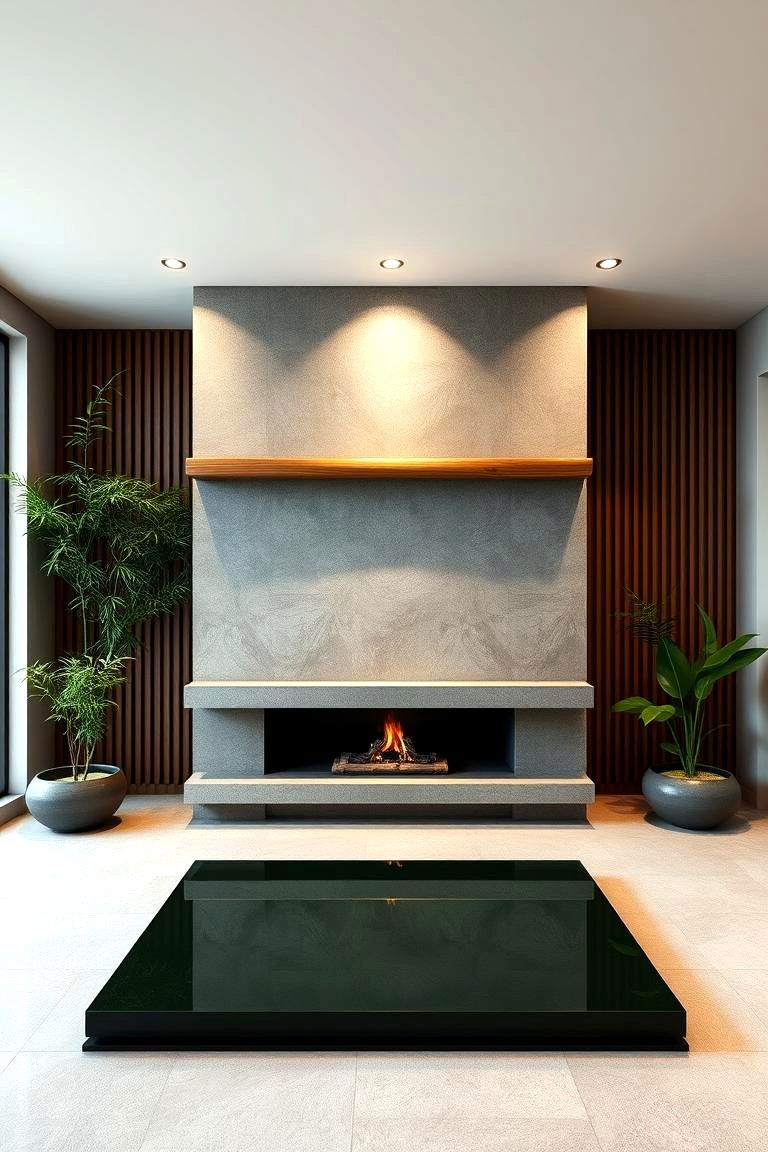 Zen Garden Style Green Fireplace with Bamboo Accents - 24 Green Fireplace Ideas