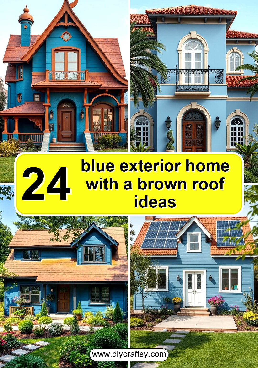 blue exterior home with a brown roof ideas