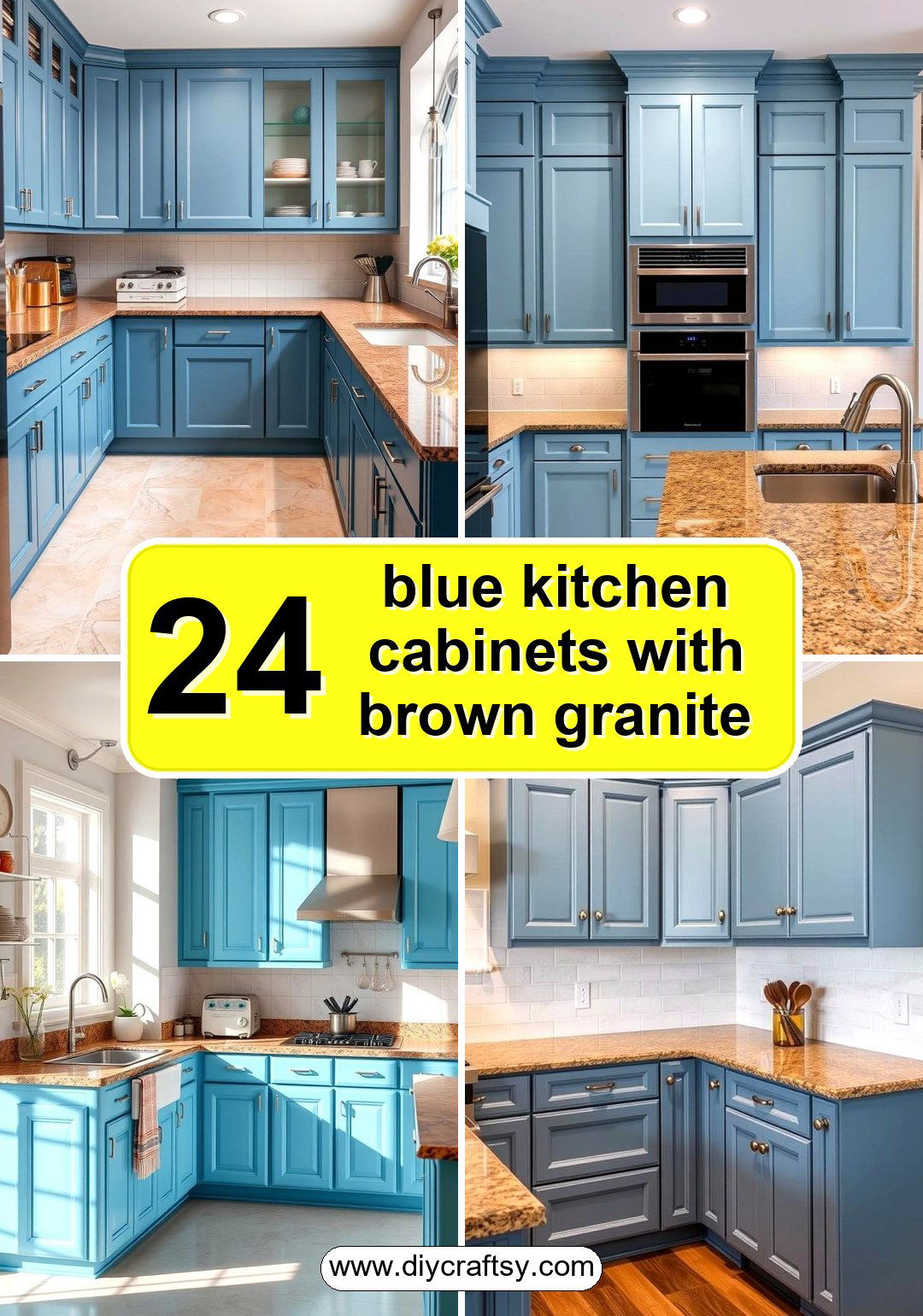 blue kitchen cabinets with brown granite countertops