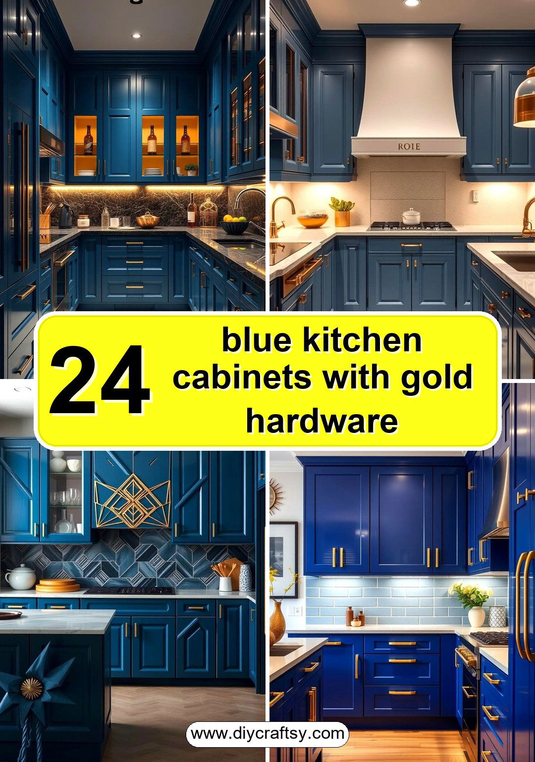 blue kitchen cabinets with gold hardware