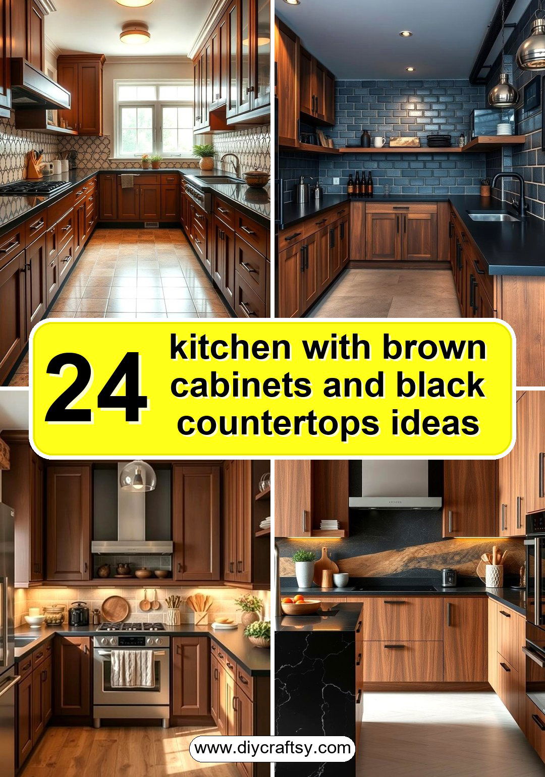 kitchen with brown cabinets and black countertops ideas
