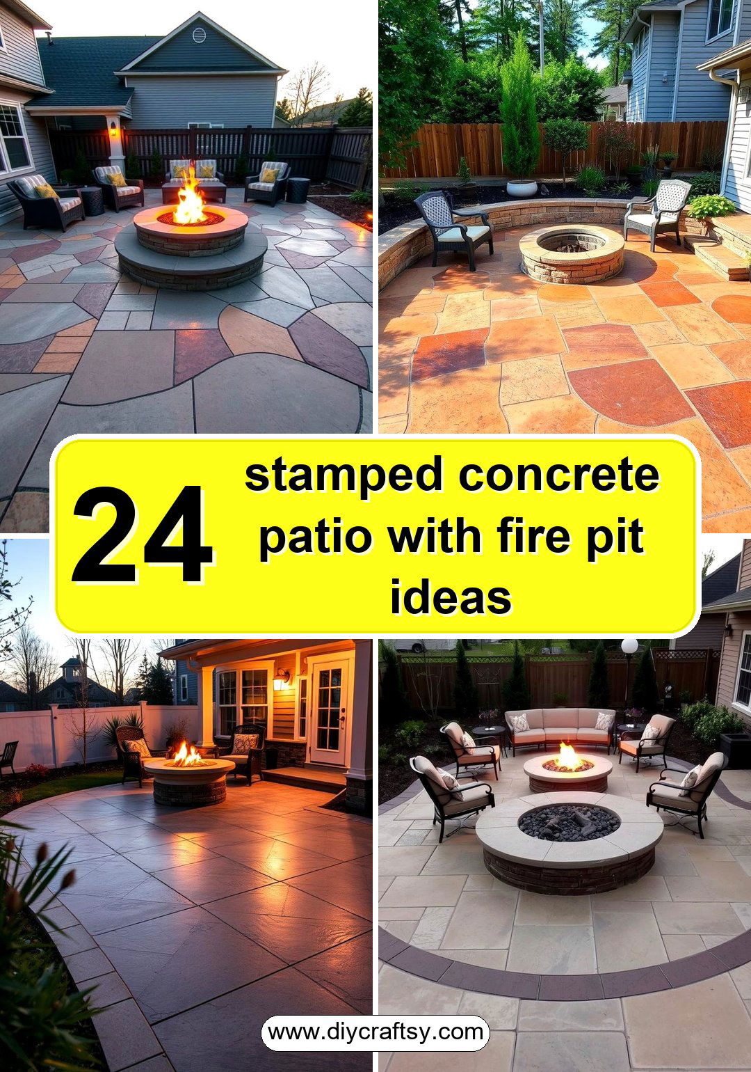 stamped concrete patio with fire pit ideas