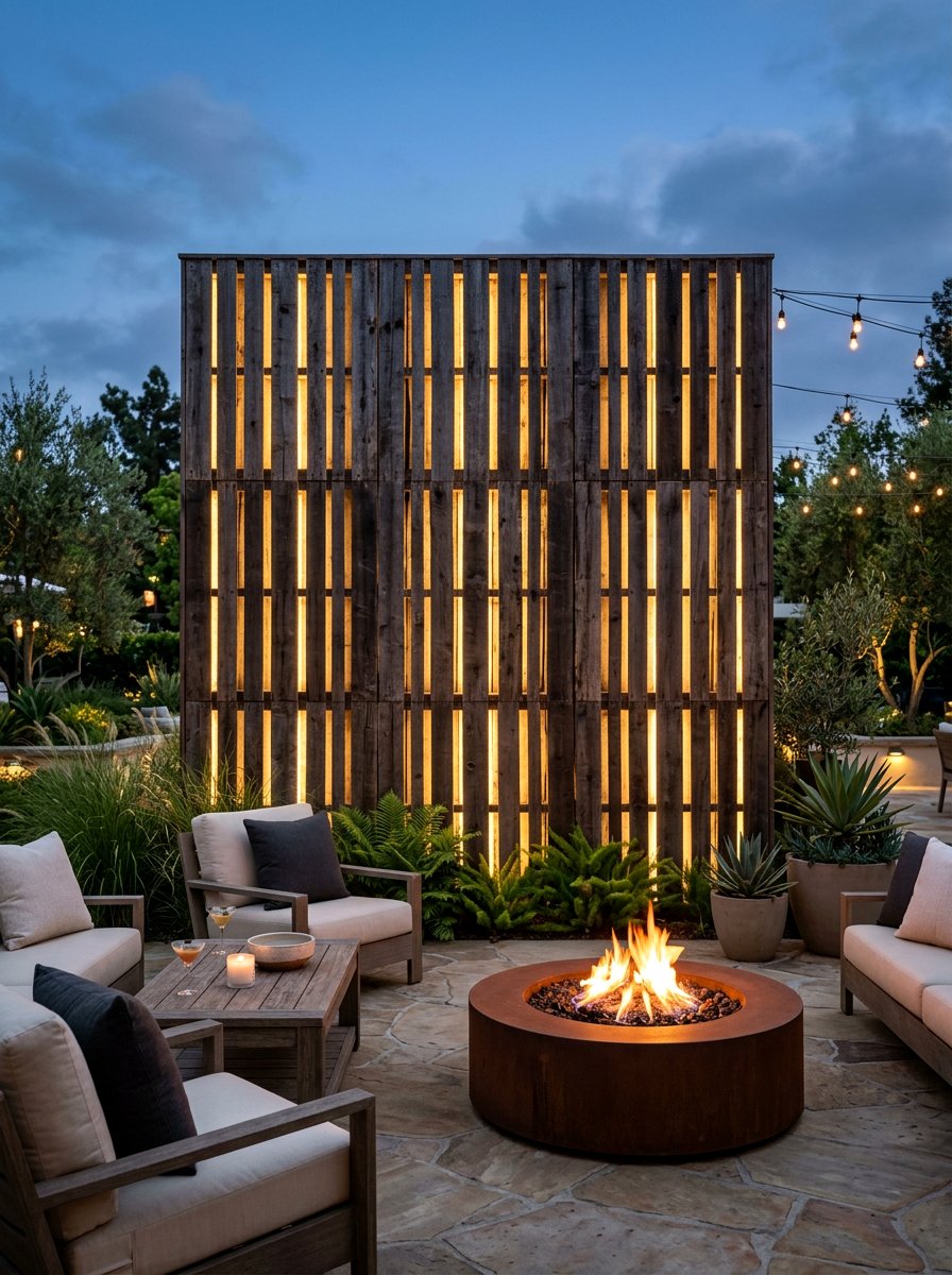 Backlit Pallet Wood Wall - 25 Pallet Fire Pit Surround Ideas