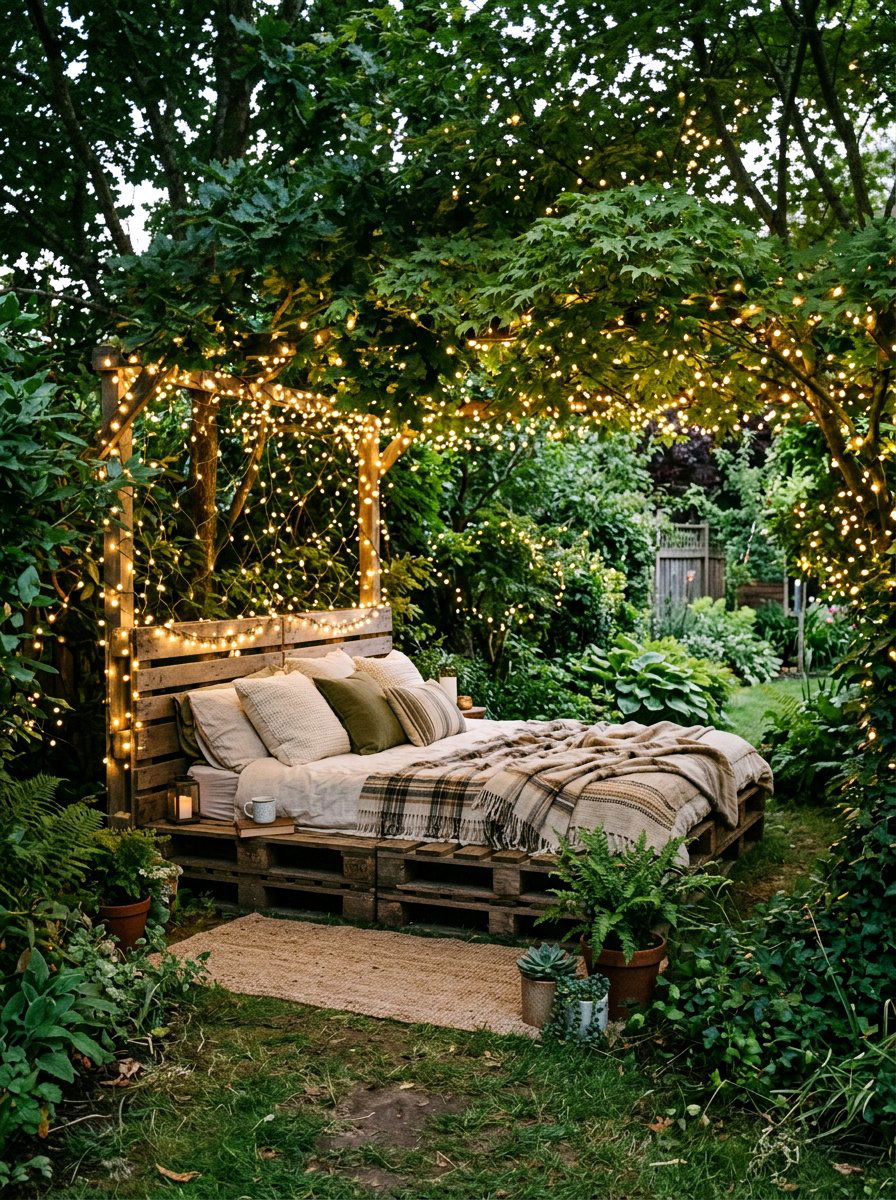 Backyard Pallet Bed String Lights - 25 Pallet bed ideas with string lights