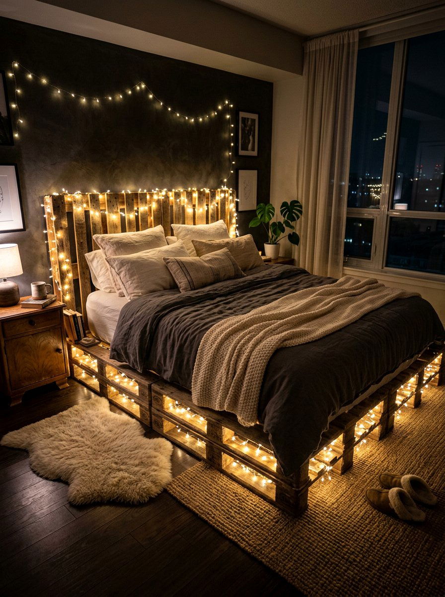 Bed With Fairy Lights - 25 Pallet toddler bed ideas