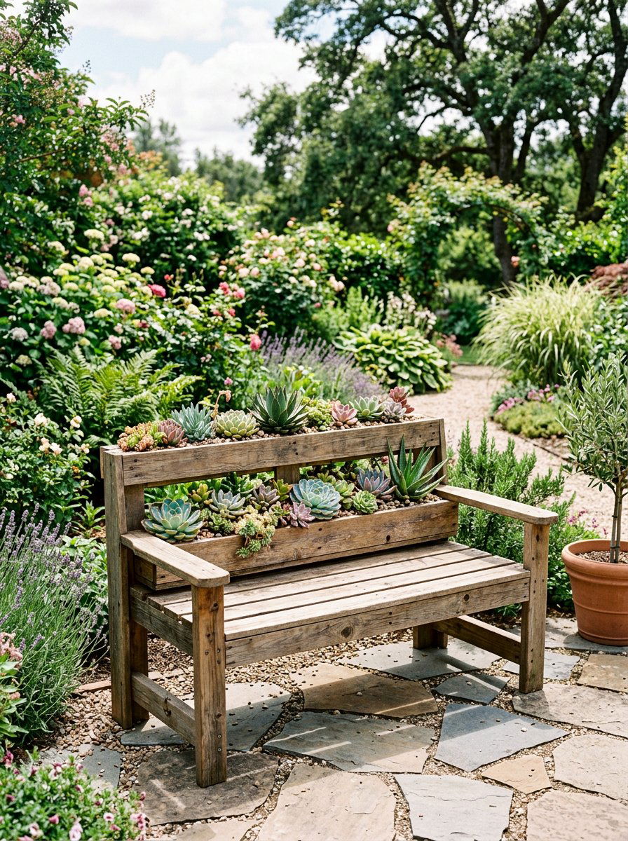 Bench With Planter - 25 Pallet Succulent Garden Ideas