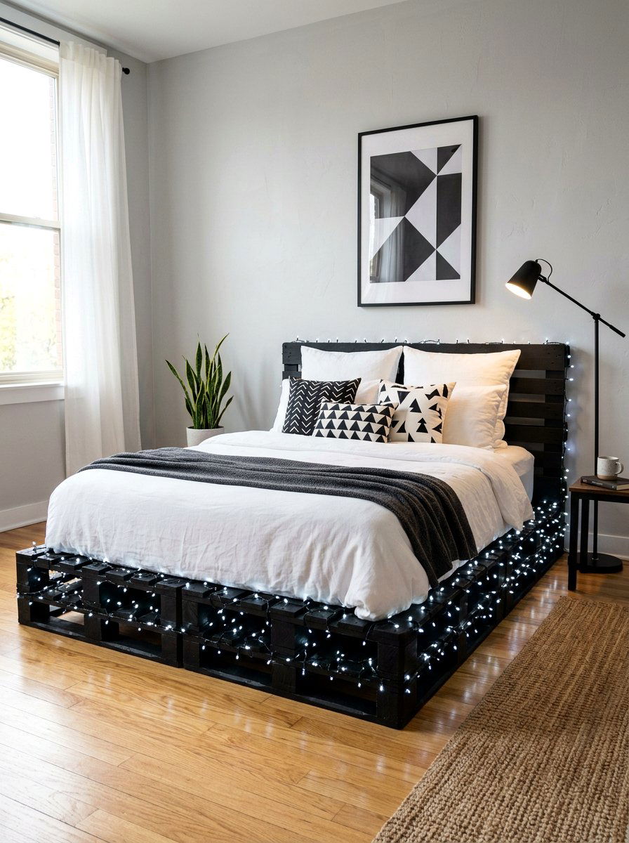 Black Painted Pallet Bed Lights - 25 Pallet bed ideas with fairy lights