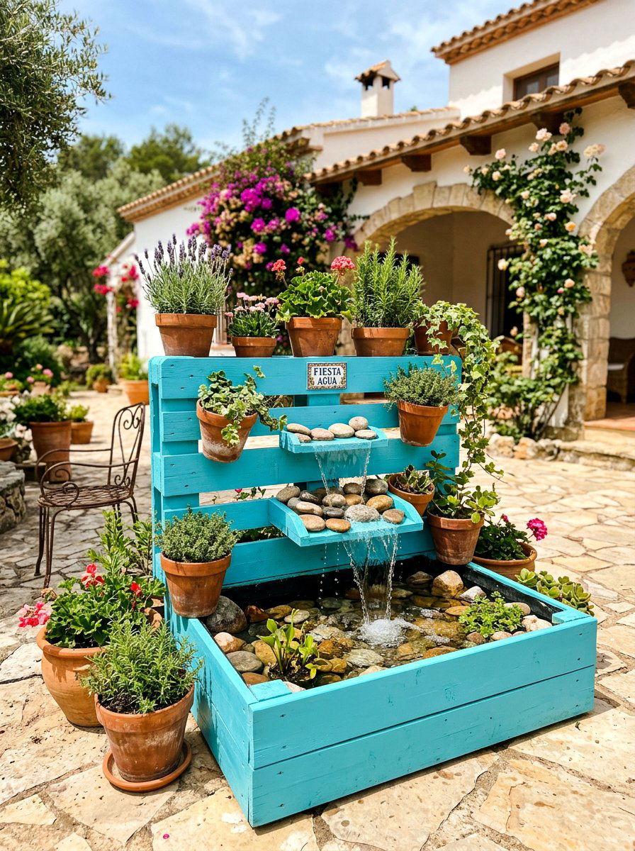 Blue Painted Pallet Fountain - 25 Pallet Water Fountain Base Ideas