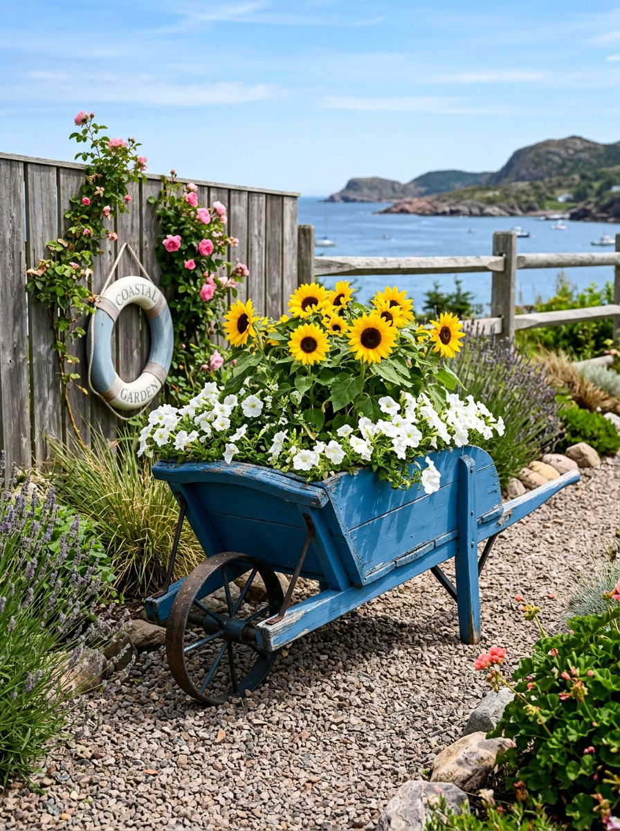 Blue Painted Wheelbarrow Planter - 25 Pallet Wheelbarrow Planter Ideas